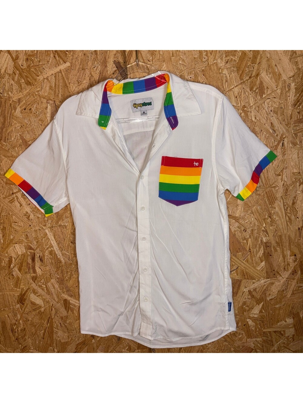 Tipsy Elves Mens M White Rainbow Button Front Shirt